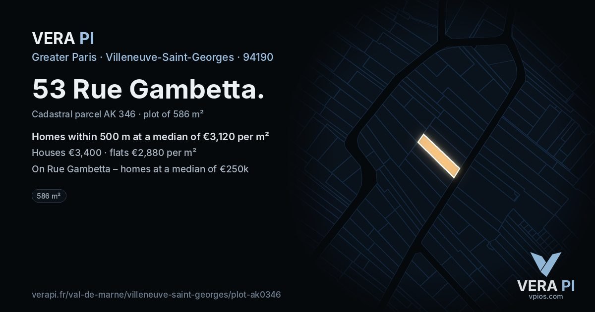 53 Rue Gambetta, Villeneuve-Saint-Georges at night – the plot lit, the parcels around coloured by the prices near them