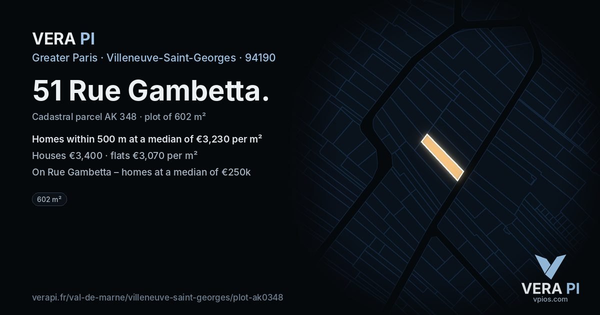 51 Rue Gambetta, Villeneuve-Saint-Georges at night – the plot lit, the parcels around coloured by the prices near them