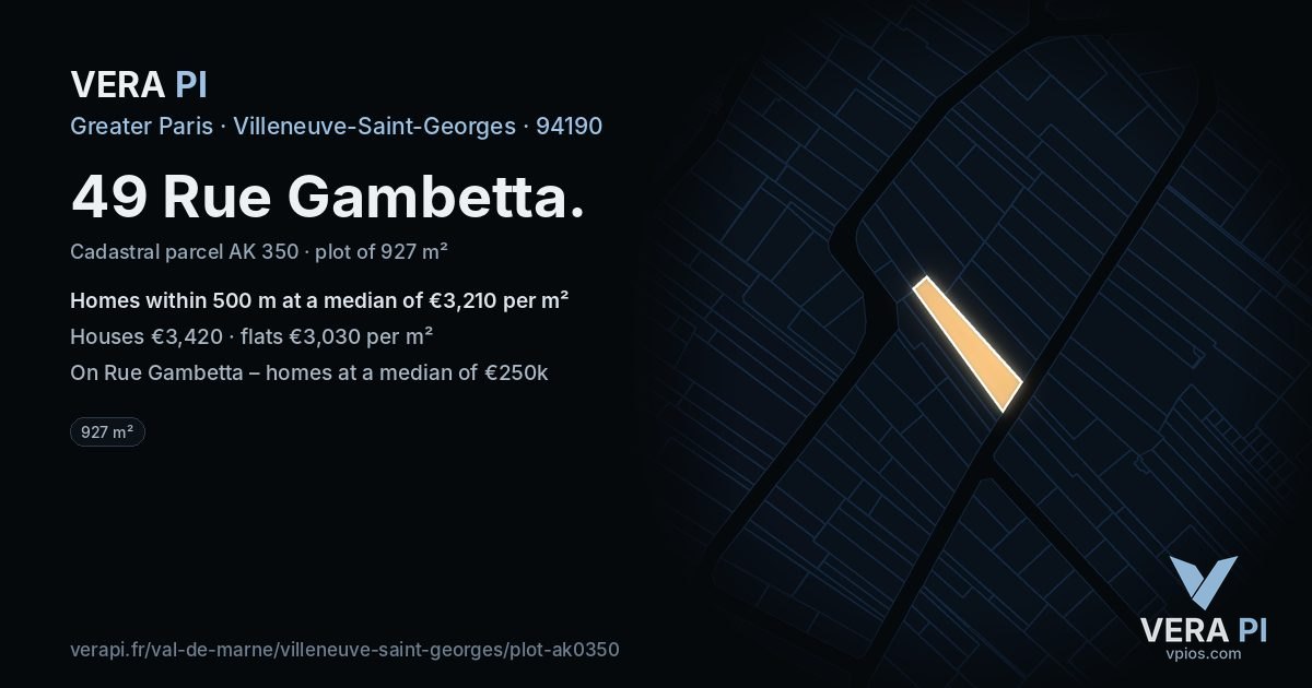 49 Rue Gambetta, Villeneuve-Saint-Georges at night – the plot lit, the parcels around coloured by the prices near them