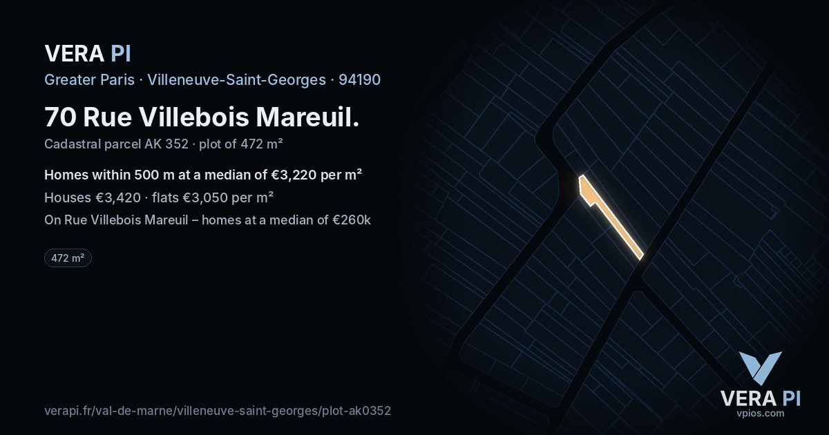 70 Rue Villebois Mareuil, Villeneuve-Saint-Georges at night – the plot lit, the parcels around coloured by the prices near them