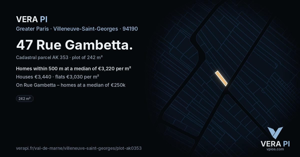 47 Rue Gambetta, Villeneuve-Saint-Georges at night – the plot lit, the parcels around coloured by the prices near them