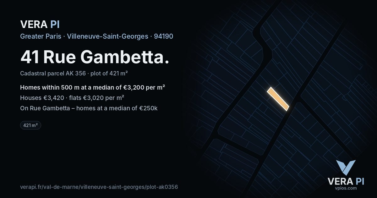 41 Rue Gambetta, Villeneuve-Saint-Georges at night – the plot lit, the parcels around coloured by the prices near them