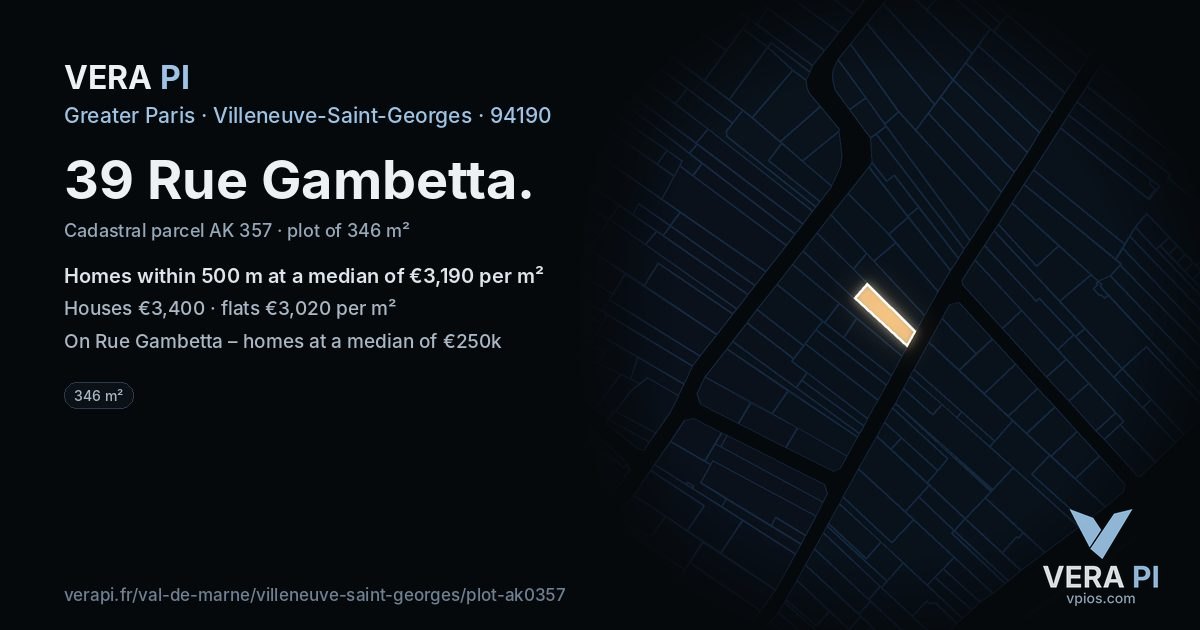 39 Rue Gambetta, Villeneuve-Saint-Georges at night – the plot lit, the parcels around coloured by the prices near them