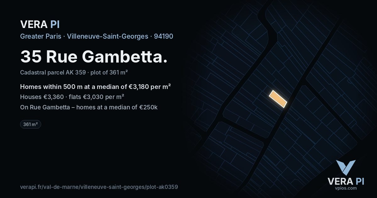 35 Rue Gambetta, Villeneuve-Saint-Georges at night – the plot lit, the parcels around coloured by the prices near them