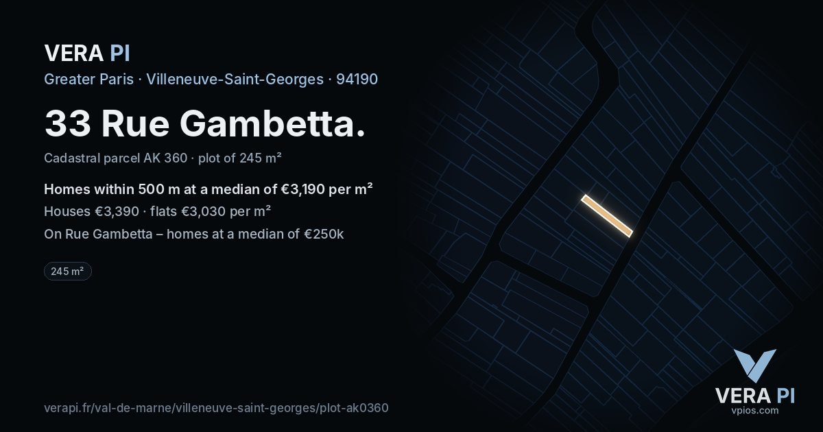 33 Rue Gambetta, Villeneuve-Saint-Georges at night – the plot lit, the parcels around coloured by the prices near them