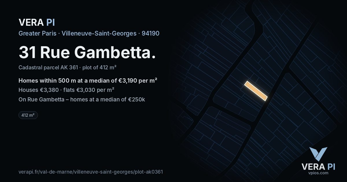 31 Rue Gambetta, Villeneuve-Saint-Georges at night – the plot lit, the parcels around coloured by the prices near them