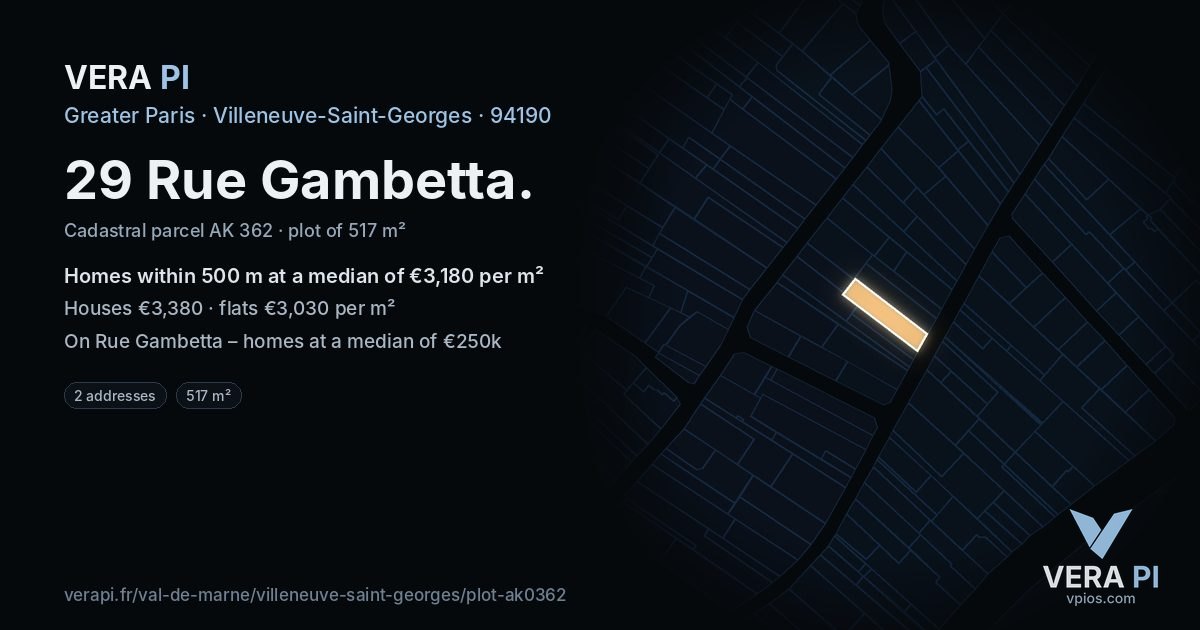 29 Rue Gambetta, Villeneuve-Saint-Georges at night – the plot lit, the parcels around coloured by the prices near them
