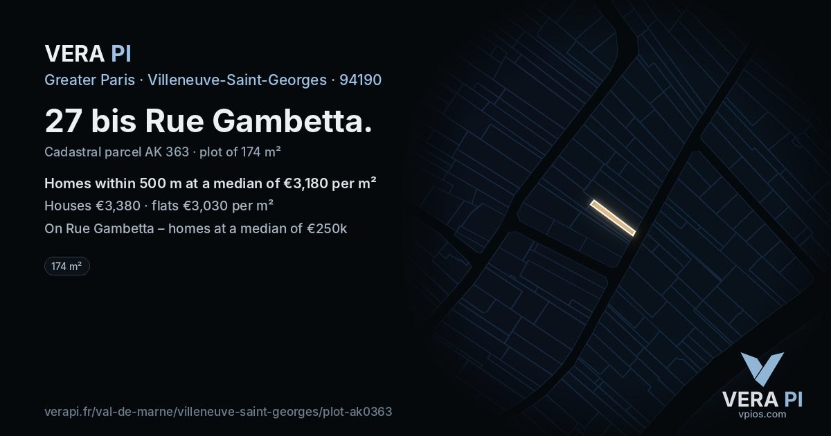 27 bis Rue Gambetta, Villeneuve-Saint-Georges at night – the plot lit, the parcels around coloured by the prices near them