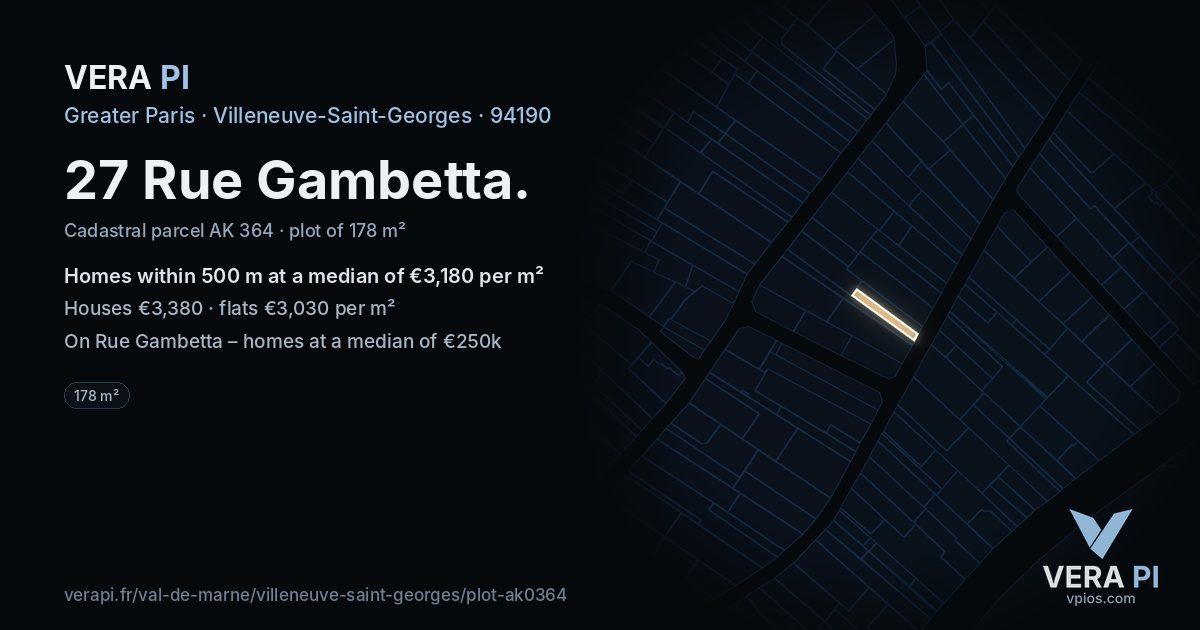 27 Rue Gambetta, Villeneuve-Saint-Georges at night – the plot lit, the parcels around coloured by the prices near them