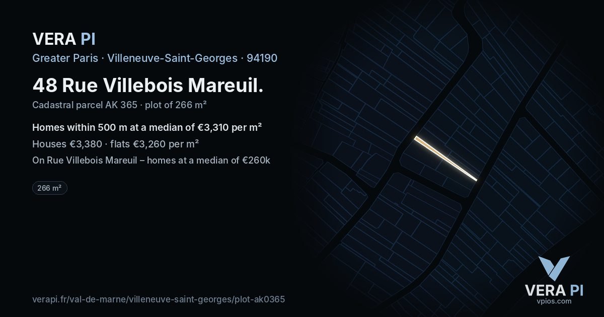 48 Rue Villebois Mareuil, Villeneuve-Saint-Georges at night – the plot lit, the parcels around coloured by the prices near them