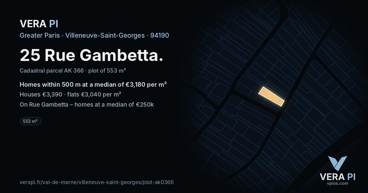 25 Rue Gambetta, Villeneuve-Saint-Georges at night – the plot lit, the parcels around coloured by the prices near them