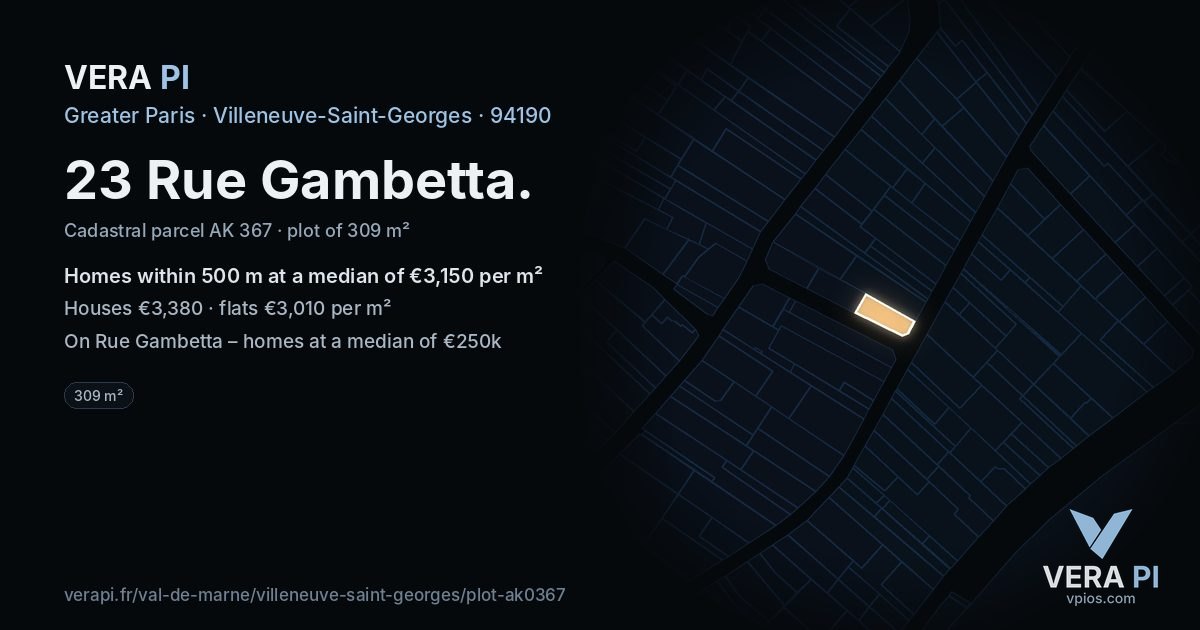 23 Rue Gambetta, Villeneuve-Saint-Georges at night – the plot lit, the parcels around coloured by the prices near them