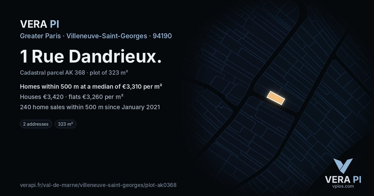 1 Rue Dandrieux, Villeneuve-Saint-Georges at night – the plot lit, the parcels around coloured by the prices near them