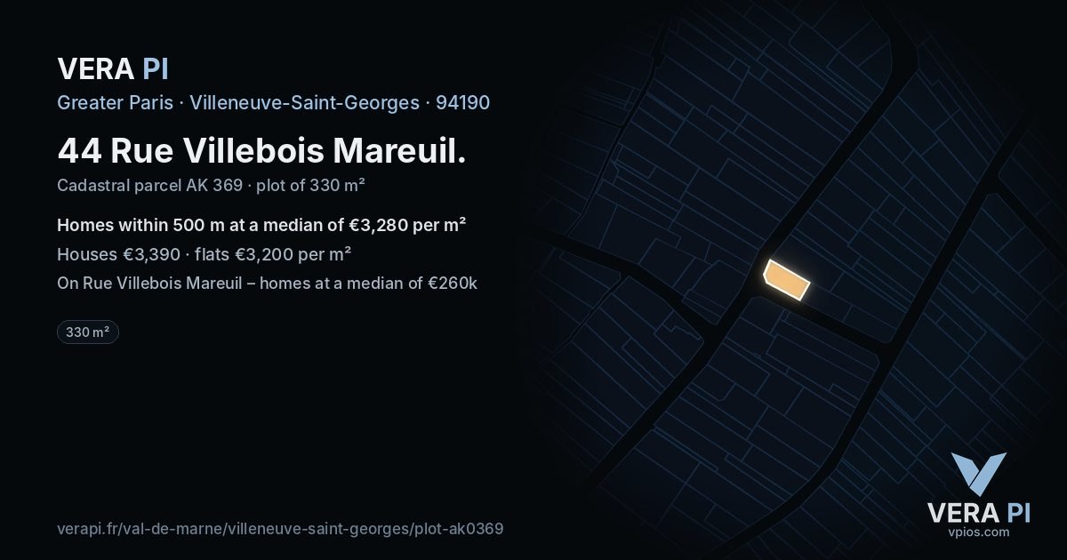 44 Rue Villebois Mareuil, Villeneuve-Saint-Georges at night – the plot lit, the parcels around coloured by the prices near them