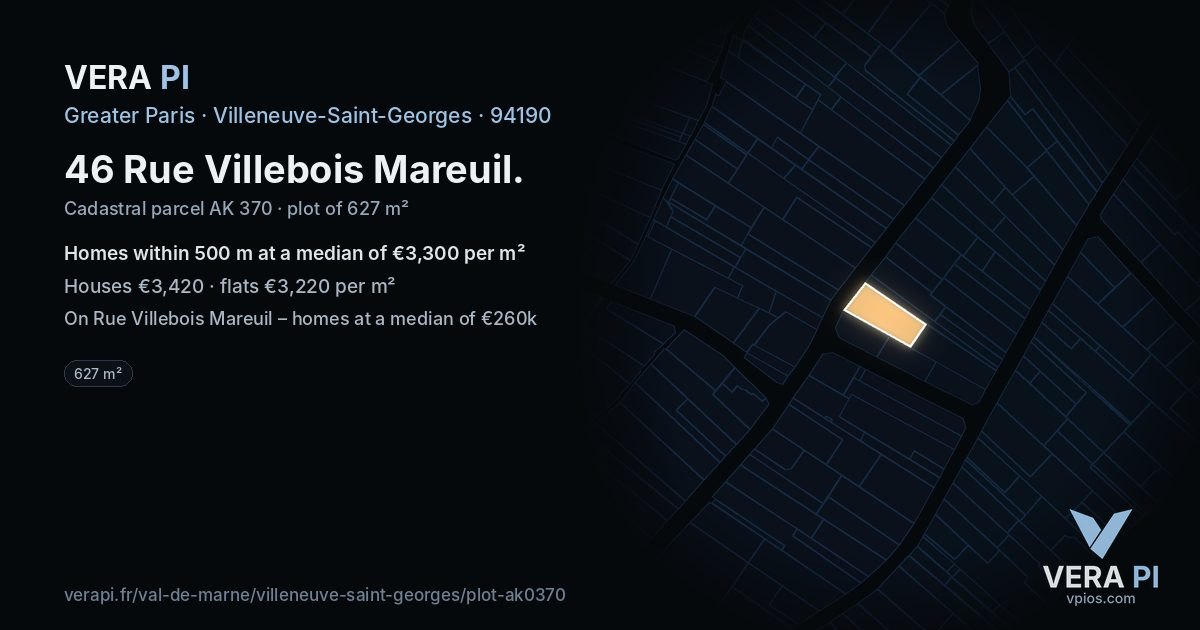 46 Rue Villebois Mareuil, Villeneuve-Saint-Georges at night – the plot lit, the parcels around coloured by the prices near them