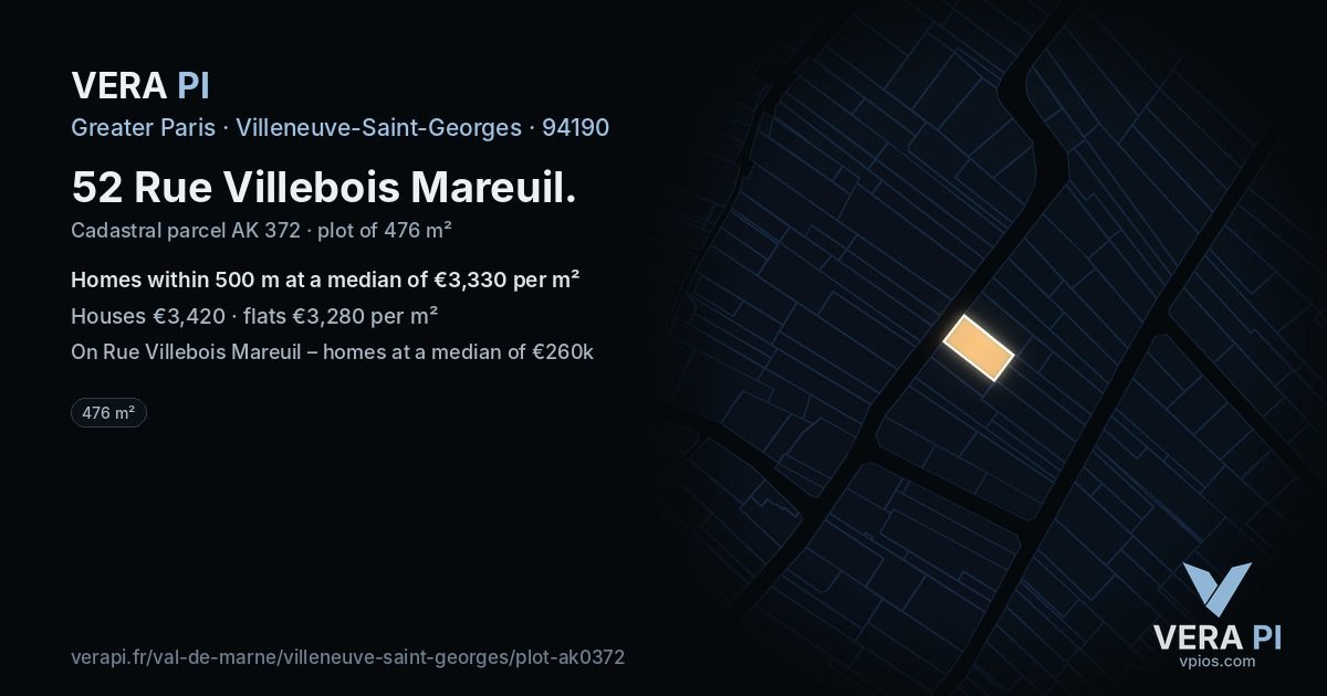 52 Rue Villebois Mareuil, Villeneuve-Saint-Georges at night – the plot lit, the parcels around coloured by the prices near them