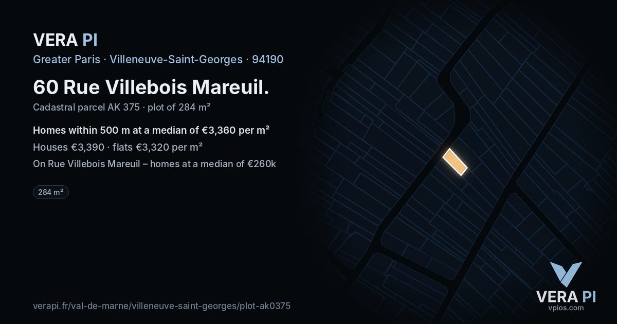 60 Rue Villebois Mareuil, Villeneuve-Saint-Georges at night – the plot lit, the parcels around coloured by the prices near them