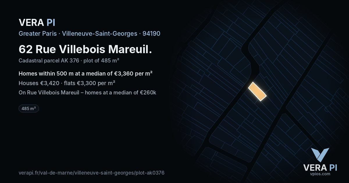 62 Rue Villebois Mareuil, Villeneuve-Saint-Georges at night – the plot lit, the parcels around coloured by the prices near them