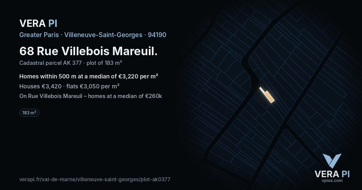 68 Rue Villebois Mareuil, Villeneuve-Saint-Georges at night – the plot lit, the parcels around coloured by the prices near them