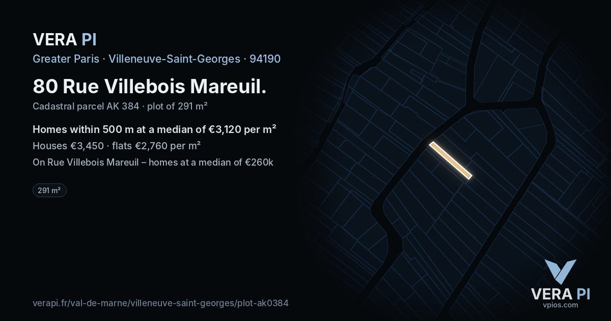 80 Rue Villebois Mareuil, Villeneuve-Saint-Georges at night – the plot lit, the parcels around coloured by the prices near them