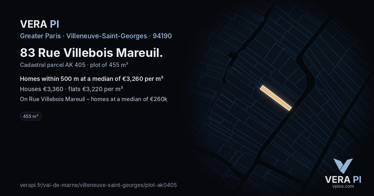 83 Rue Villebois Mareuil, Villeneuve-Saint-Georges at night – the plot lit, the parcels around coloured by the prices near them