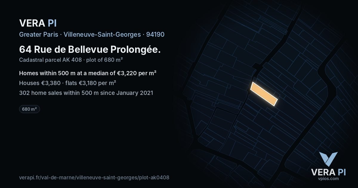 64 Rue de Bellevue Prolongée, Villeneuve-Saint-Georges at night – the plot lit, the parcels around coloured by the prices near them