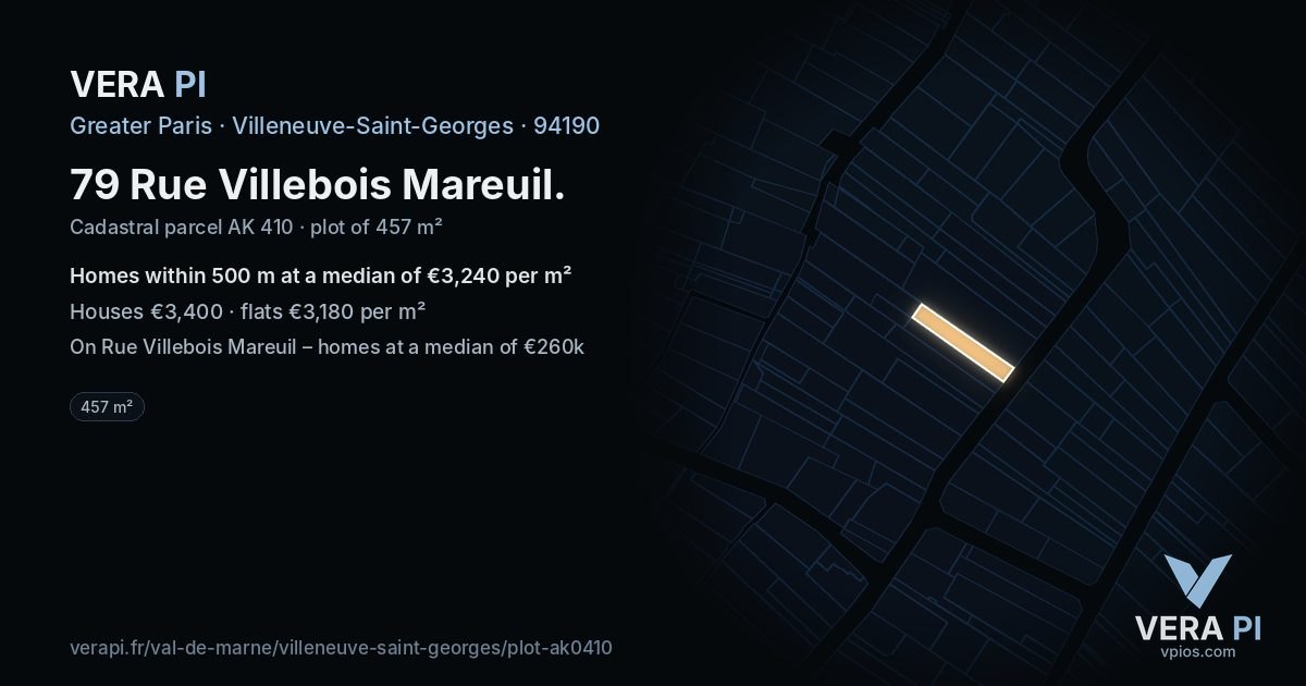 79 Rue Villebois Mareuil, Villeneuve-Saint-Georges at night – the plot lit, the parcels around coloured by the prices near them