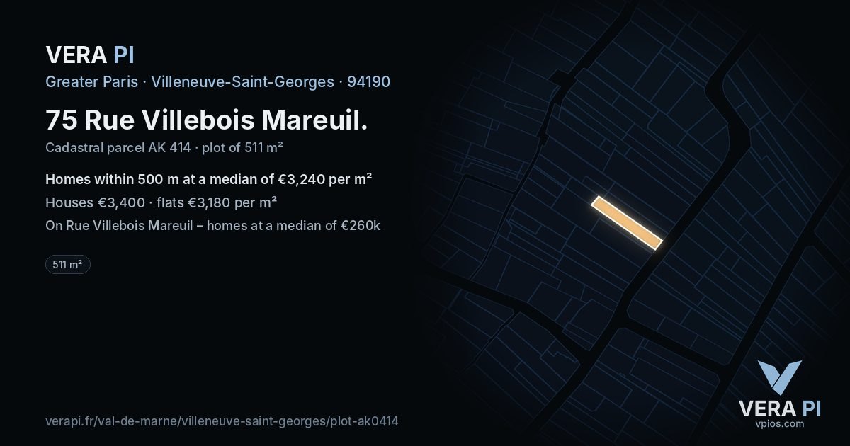 75 Rue Villebois Mareuil, Villeneuve-Saint-Georges at night – the plot lit, the parcels around coloured by the prices near them
