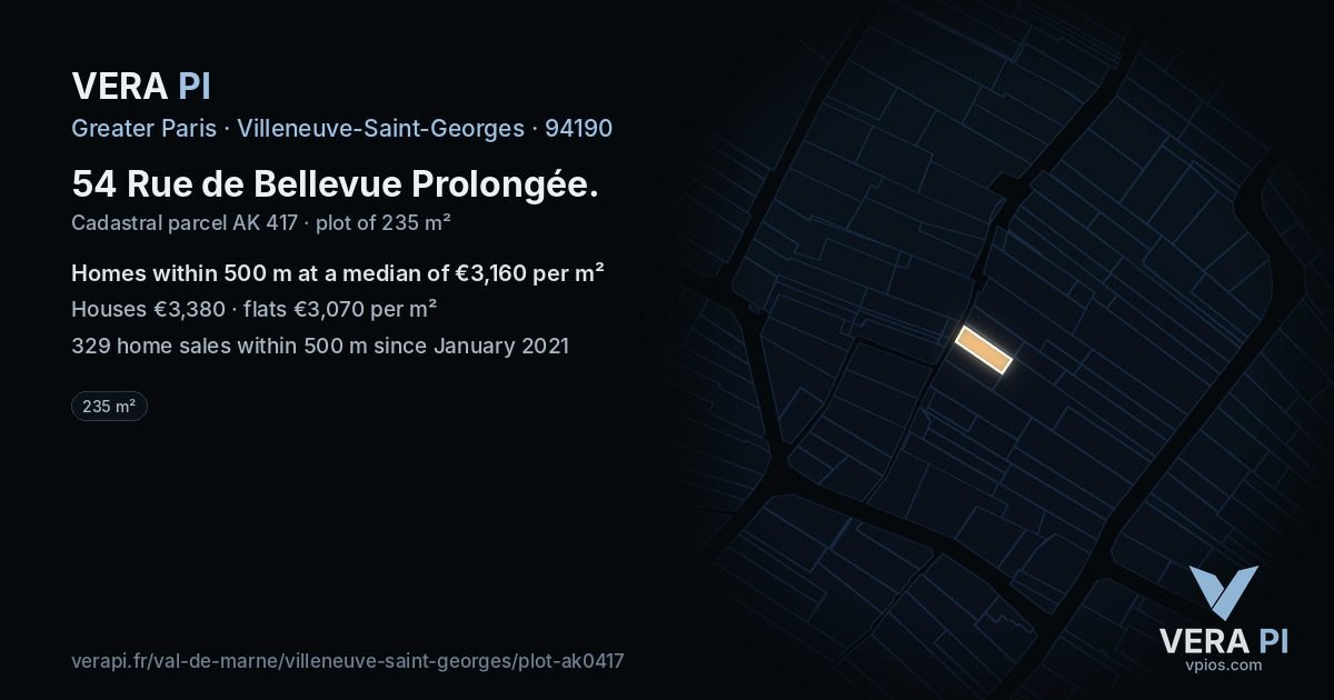 54 Rue de Bellevue Prolongée, Villeneuve-Saint-Georges at night – the plot lit, the parcels around coloured by the prices near them