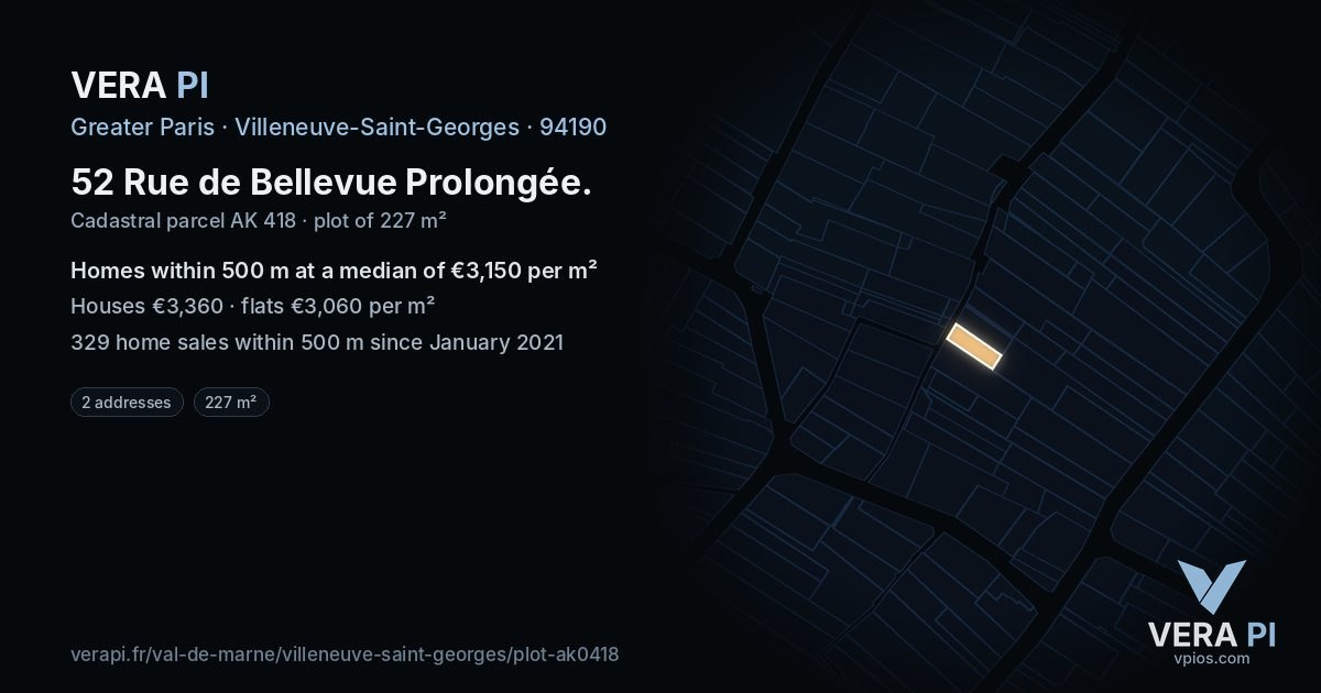 52 Rue de Bellevue Prolongée, Villeneuve-Saint-Georges at night – the plot lit, the parcels around coloured by the prices near them