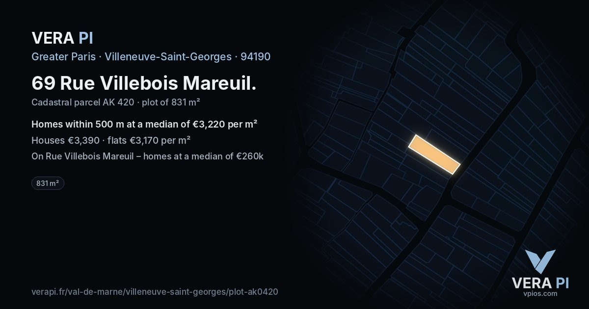 69 Rue Villebois Mareuil, Villeneuve-Saint-Georges at night – the plot lit, the parcels around coloured by the prices near them