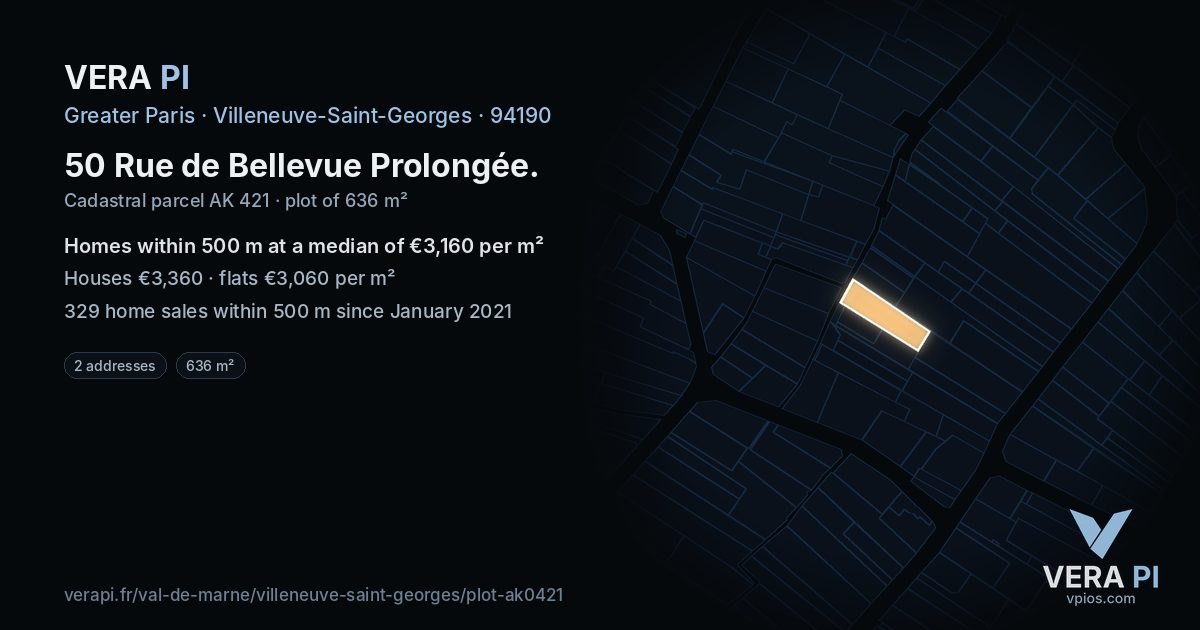 50 Rue de Bellevue Prolongée, Villeneuve-Saint-Georges at night – the plot lit, the parcels around coloured by the prices near them