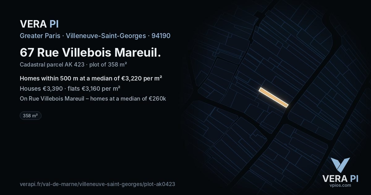 67 Rue Villebois Mareuil, Villeneuve-Saint-Georges at night – the plot lit, the parcels around coloured by the prices near them
