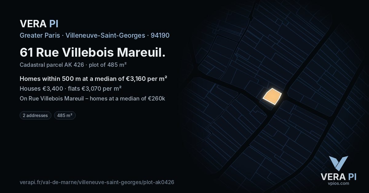 61 Rue Villebois Mareuil, Villeneuve-Saint-Georges at night – the plot lit, the parcels around coloured by the prices near them