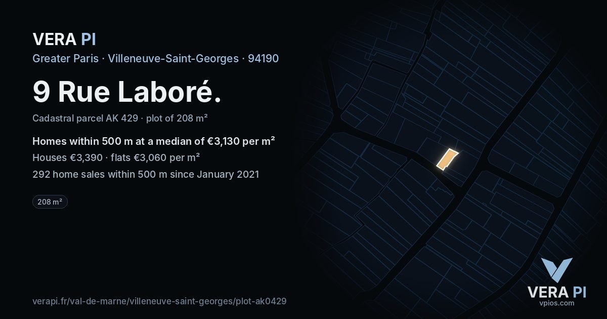 9 Rue Laboré, Villeneuve-Saint-Georges at night – the plot lit, the parcels around coloured by the prices near them
