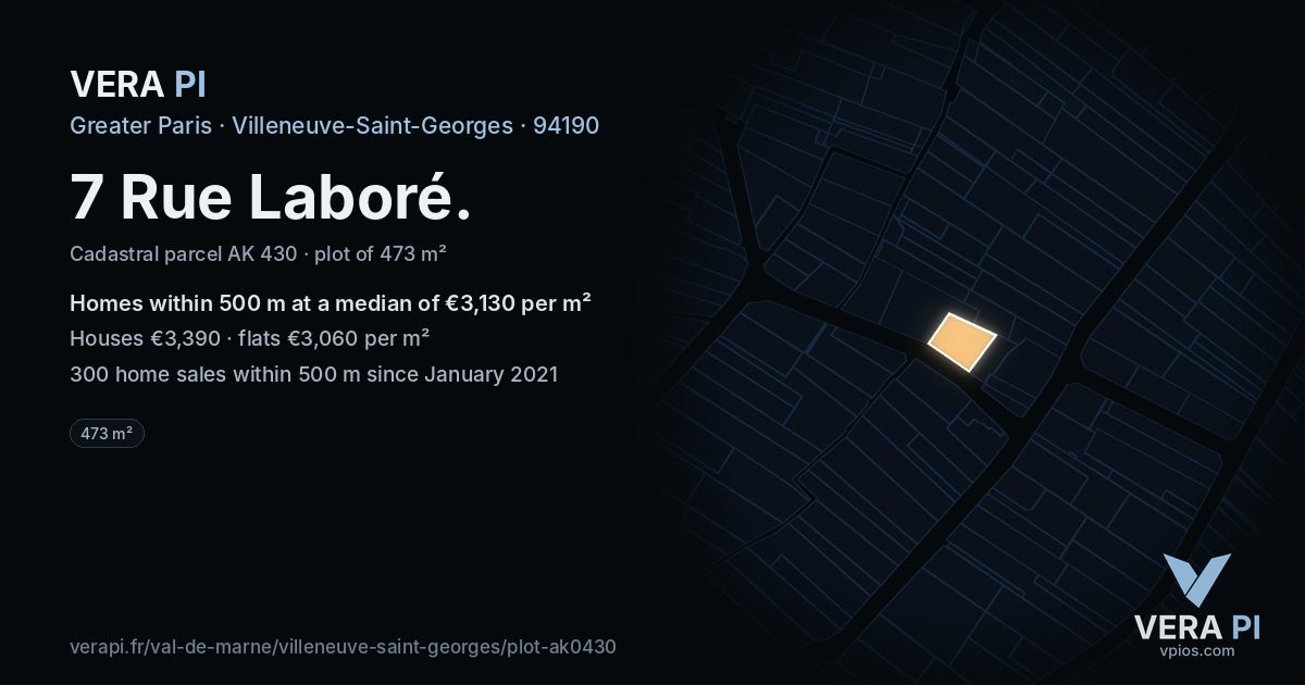 7 Rue Laboré, Villeneuve-Saint-Georges at night – the plot lit, the parcels around coloured by the prices near them