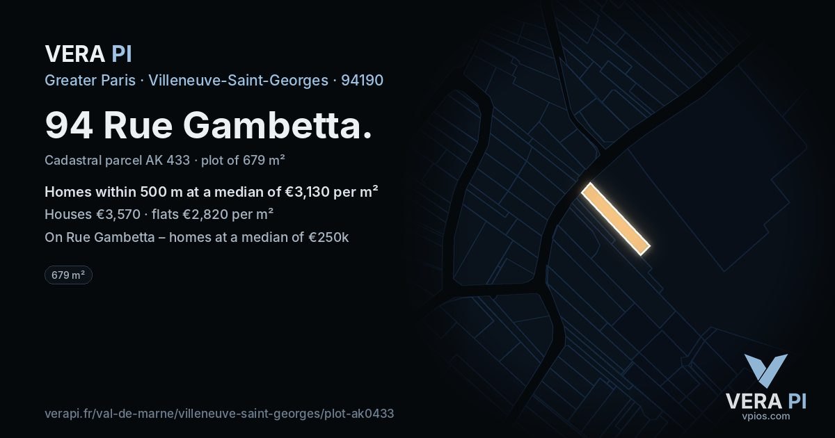 94 Rue Gambetta, Villeneuve-Saint-Georges at night – the plot lit, the parcels around coloured by the prices near them