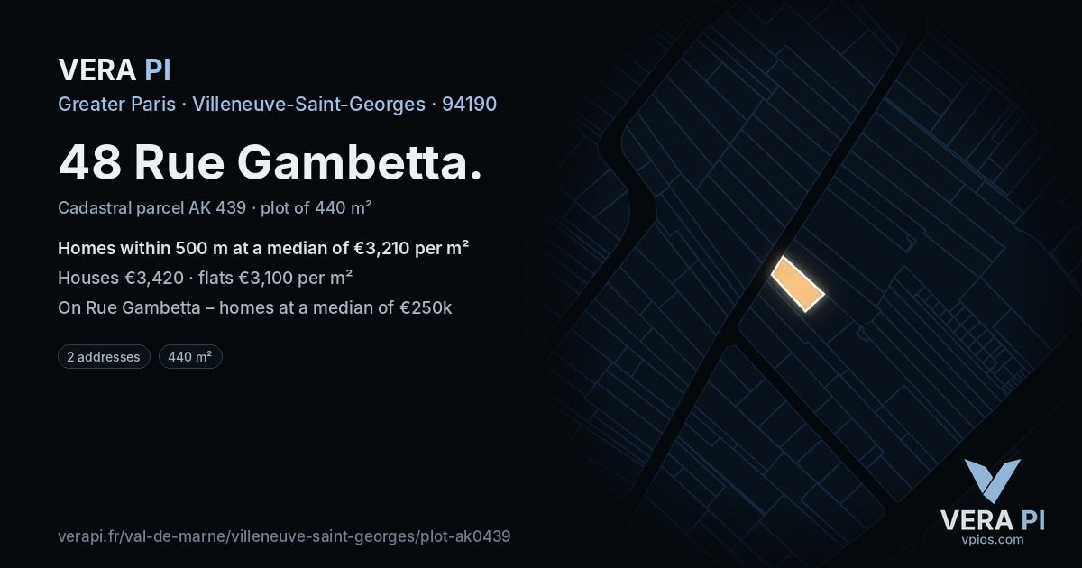 48 Rue Gambetta, Villeneuve-Saint-Georges at night – the plot lit, the parcels around coloured by the prices near them
