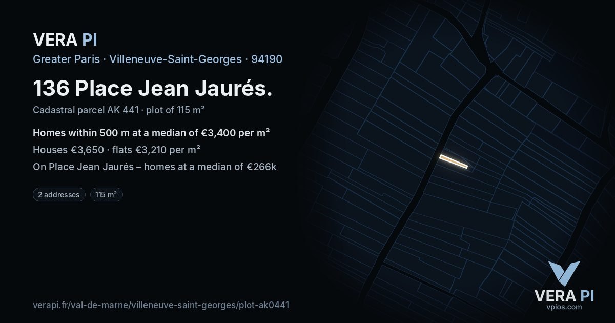 136 Place Jean Jaurés, Villeneuve-Saint-Georges at night – the plot lit, the parcels around coloured by the prices near them