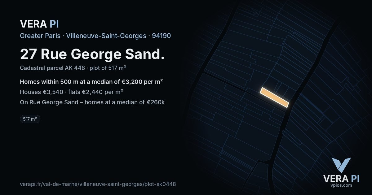 27 Rue George Sand, Villeneuve-Saint-Georges at night – the plot lit, the parcels around coloured by the prices near them