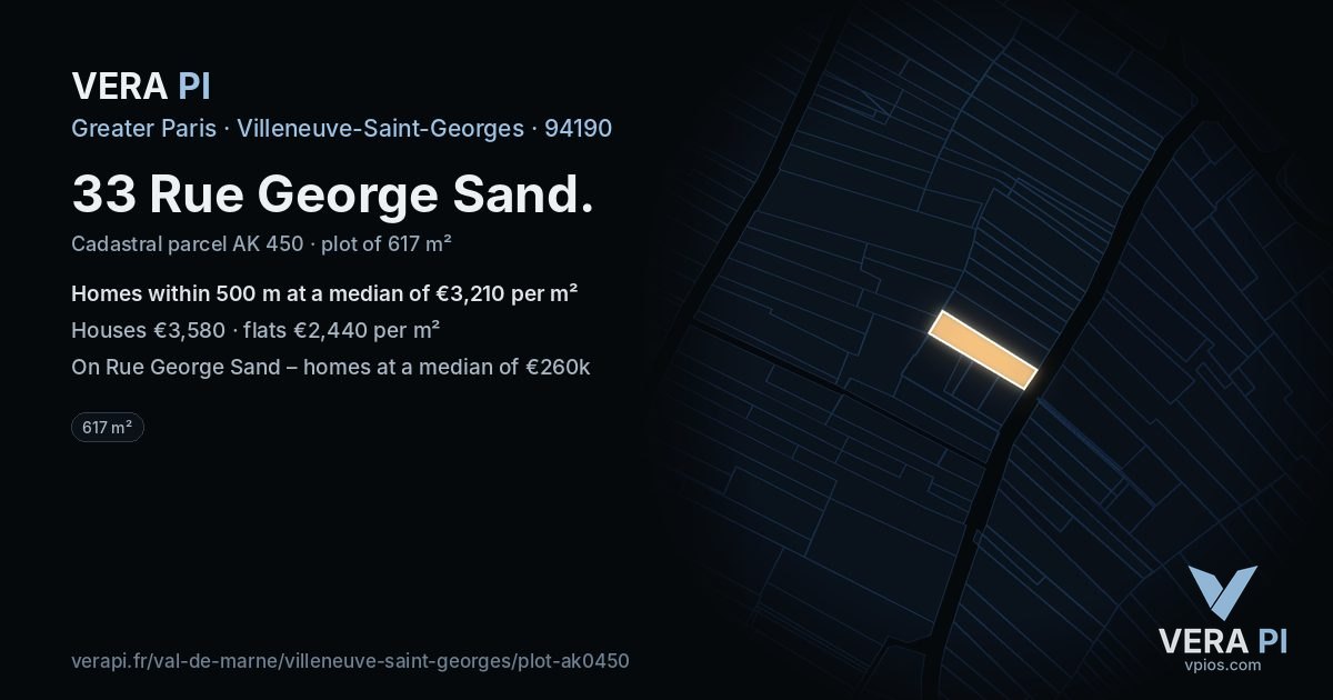 33 Rue George Sand, Villeneuve-Saint-Georges at night – the plot lit, the parcels around coloured by the prices near them