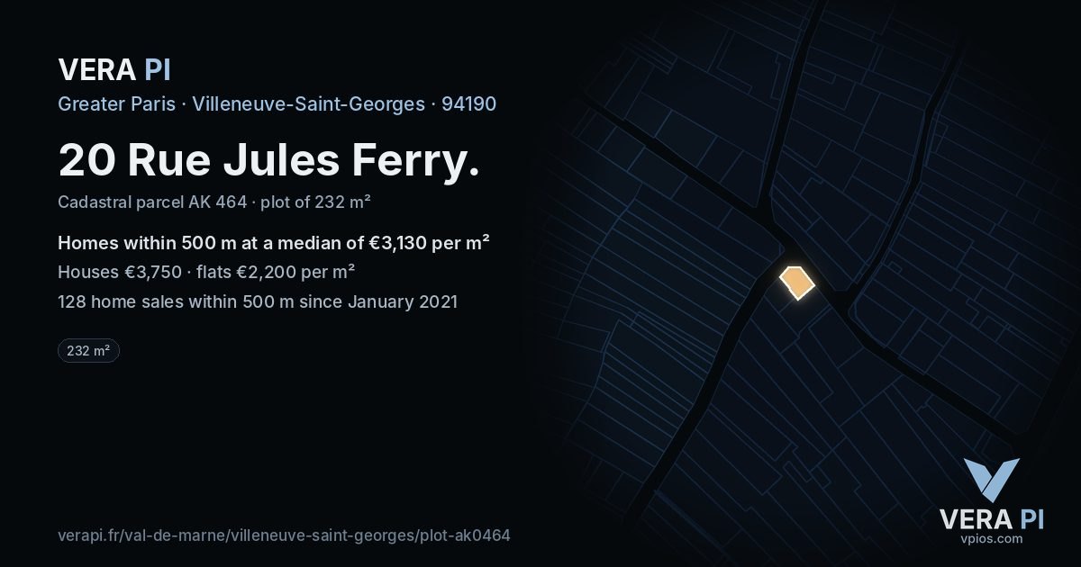 20 Rue Jules Ferry, Villeneuve-Saint-Georges at night – the plot lit, the parcels around coloured by the prices near them