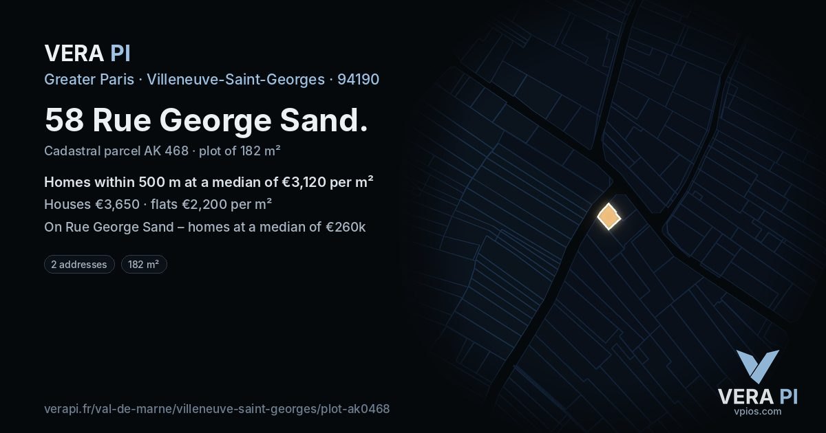 58 Rue George Sand, Villeneuve-Saint-Georges at night – the plot lit, the parcels around coloured by the prices near them