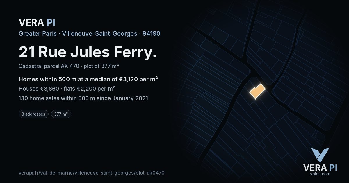 21 Rue Jules Ferry, Villeneuve-Saint-Georges at night – the plot lit, the parcels around coloured by the prices near them