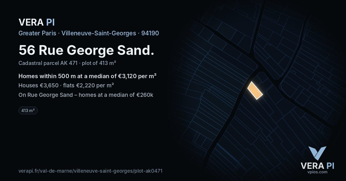 56 Rue George Sand, Villeneuve-Saint-Georges at night – the plot lit, the parcels around coloured by the prices near them