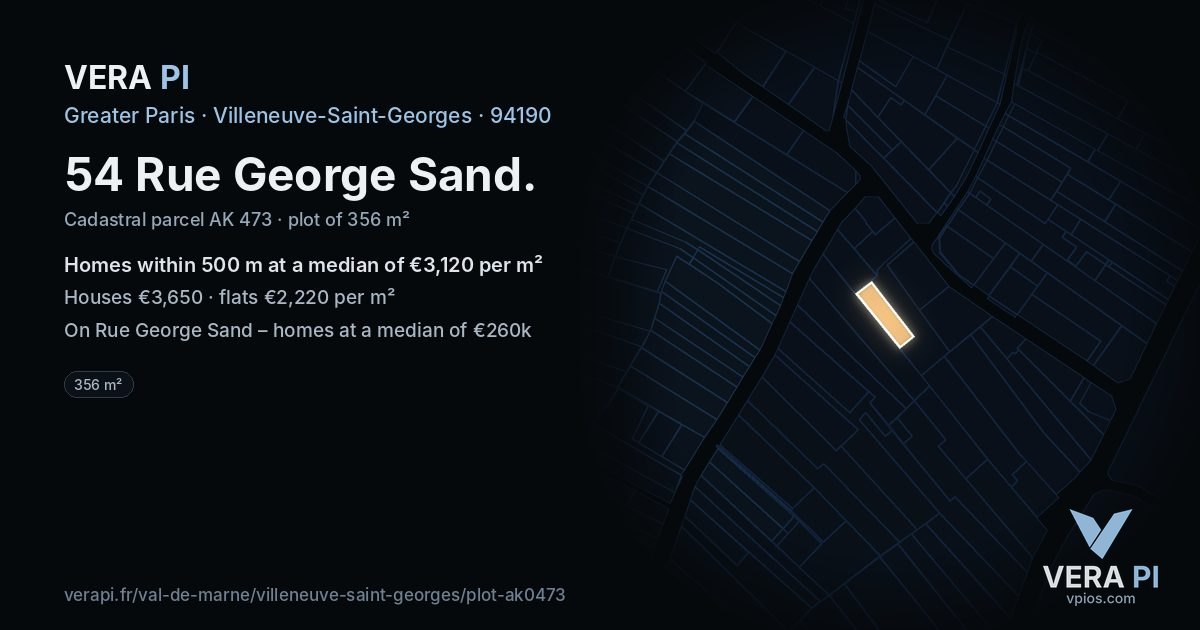 54 Rue George Sand, Villeneuve-Saint-Georges at night – the plot lit, the parcels around coloured by the prices near them