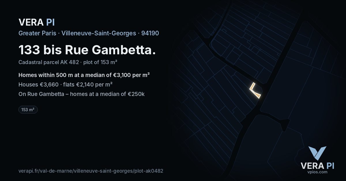 133 bis Rue Gambetta, Villeneuve-Saint-Georges at night – the plot lit, the parcels around coloured by the prices near them