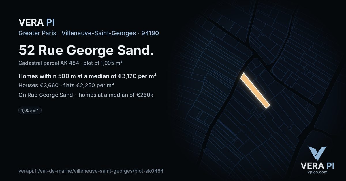 52 Rue George Sand, Villeneuve-Saint-Georges at night – the plot lit, the parcels around coloured by the prices near them