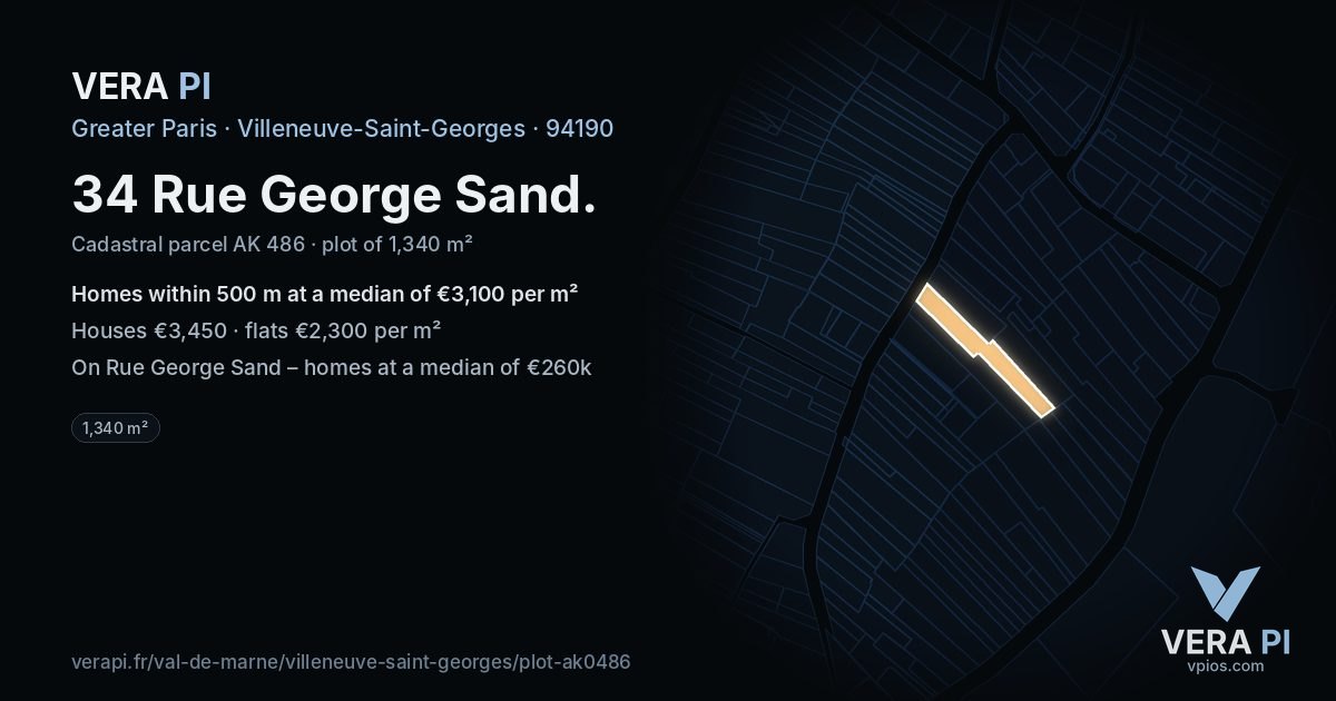 34 Rue George Sand, Villeneuve-Saint-Georges at night – the plot lit, the parcels around coloured by the prices near them