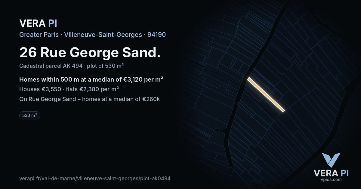26 Rue George Sand, Villeneuve-Saint-Georges at night – the plot lit, the parcels around coloured by the prices near them